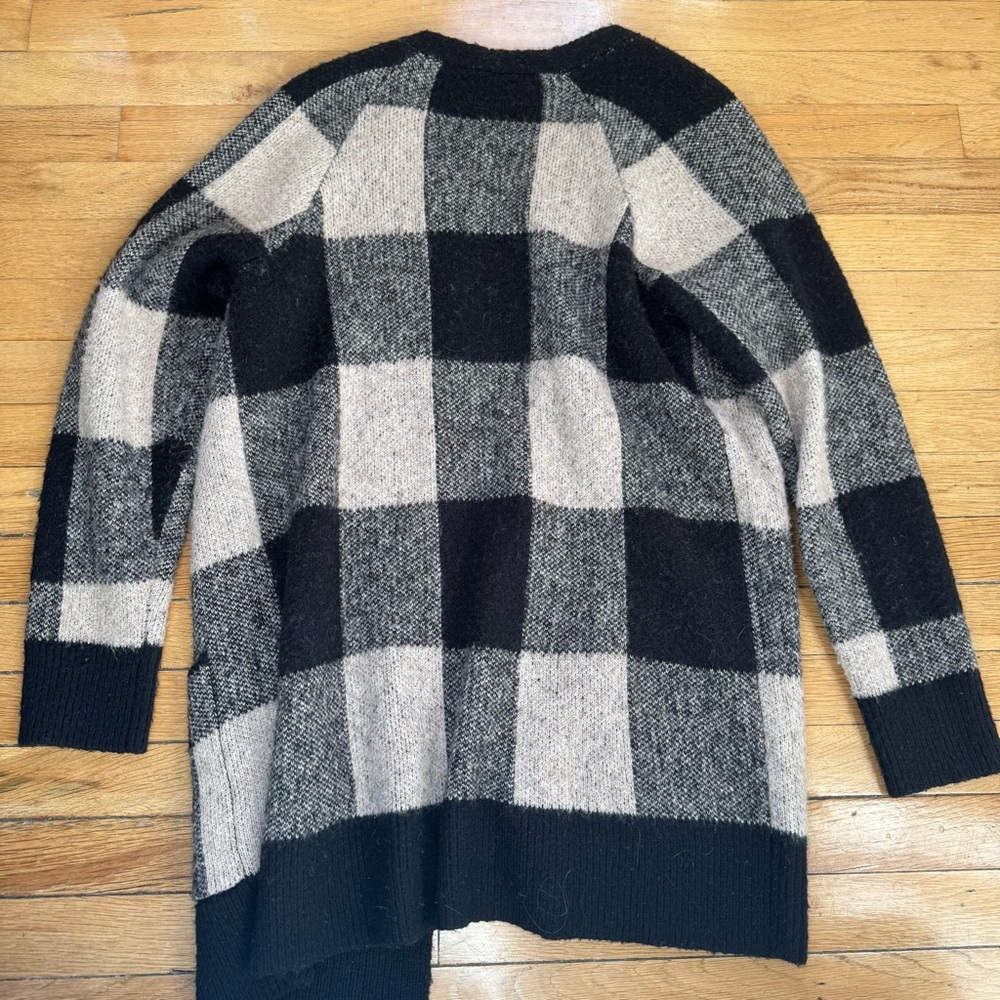 Lucky Brand Black Ivory Buffalo Plaid Open Front Wool Blend Cardigan - Picture 7 of 8